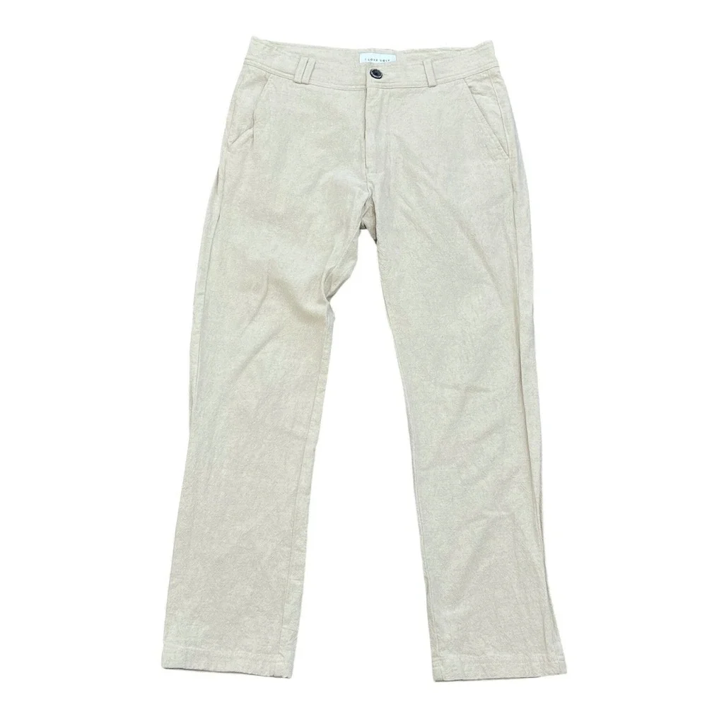 I LOVE UGLY Full Length Slim Kobe Pant Bone Beige Linen Blend‎ Mens Small